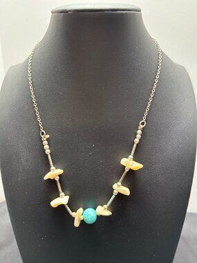 Vintage Turquoise & Mother Of Pearl Heishi Nuggets Beaded Necklace With Silver C